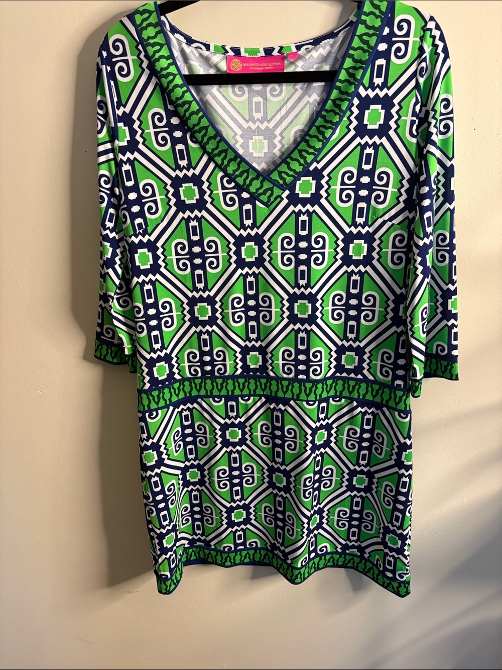 Macbeth Collection by Margaret Josephs Green & Navy Geometric V-Neck dress